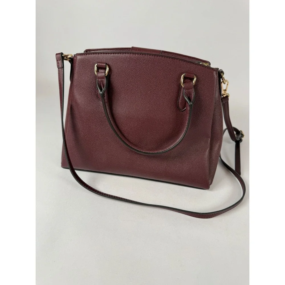 Nine West Burgundy Pebbled Faux Leather Satchel Crossbody Bag Gold‎ Hardware